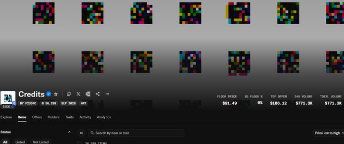 A screenshot of a cryptocurrency/NFT trading interface showing a collection called 'Credits' with a floor price of $91.49.