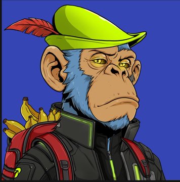 A cartoon illustration features a blue-furred monkey character wearing a green hat with a red feather and a black and green jacket, set against a blue background.