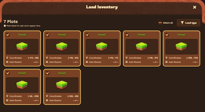 A 'Land Inventory' screen showing 7 Forest plots with coordinates and 'Axie Rooms' labels, each with a checkmark indicating they are listed for sale.
