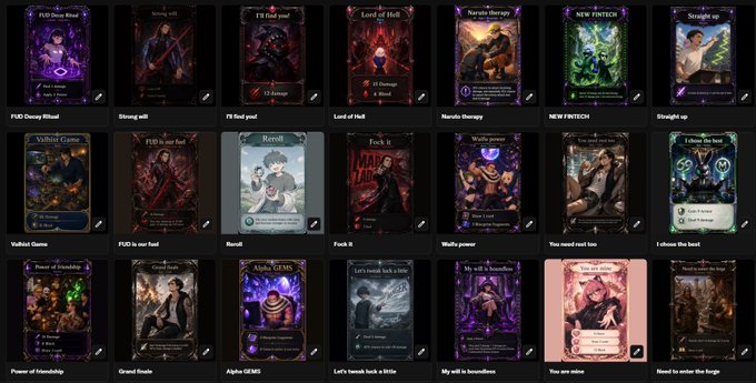 A grid display of 21 digital trading card game cards from what appears to be 'FUD Dem Blood' and 'FUD is our heal' sets, featuring various fantasy character illustrations with names like 'Naruto's Therapy', 'NEW FNTECH', and 'I release the heat'.