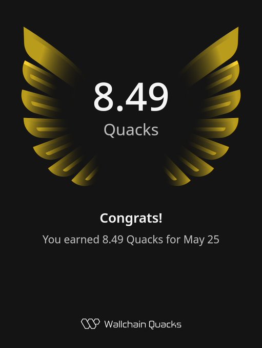 The image features a poster with an illustration of a bird's wing, which has the number "8.49 Quacks" written below it. The poster also contains text that congratulates users for earning 8.49 Quacks within one day. The main focus of this image is to celebrate and acknowledge the achievement of earning 8.49 Quacks in a short period of time.