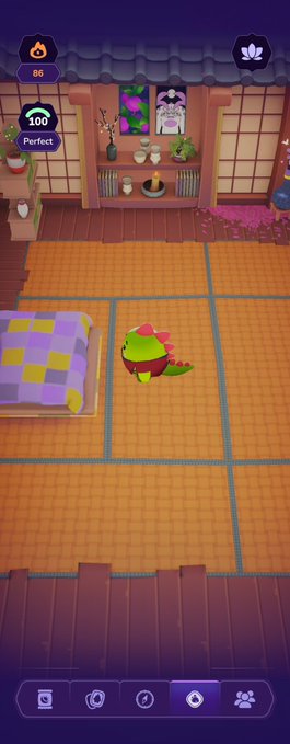 Mobile game screenshot showing a green dinosaur character standing on tatami mats in a Japanese-style room with a bed, plant, and shelving, with UI elements showing a score of 86 and 100 Perfect rating.