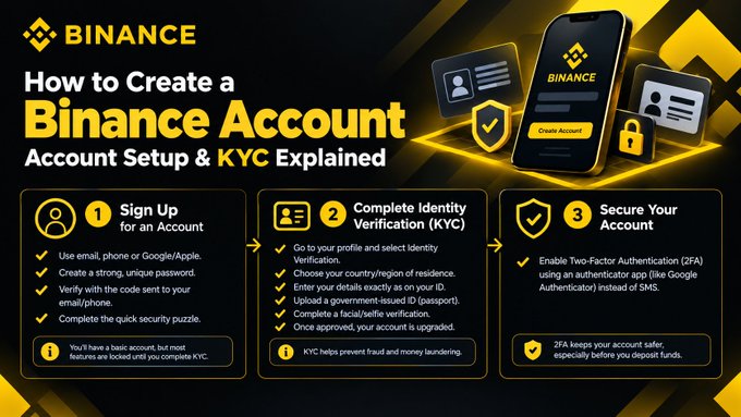 An infographic titled 'How to Create a Binance Account - Account Setup & KYC Explained' outlining three steps: Sign Up, Complete Identity Verification (KYC), and Secure Your Account with 2FA.