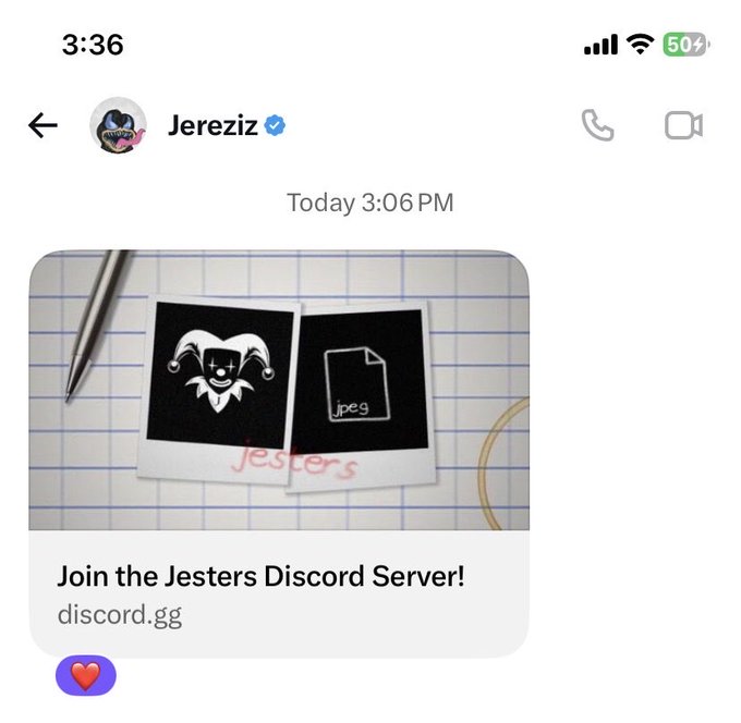 A screenshot of a Twitter/X direct message from verified user 'Jereziz' advertising the Jesters Discord Server via a discord.gg link, accompanied by a link preview image showing jester and JPEG file icons.