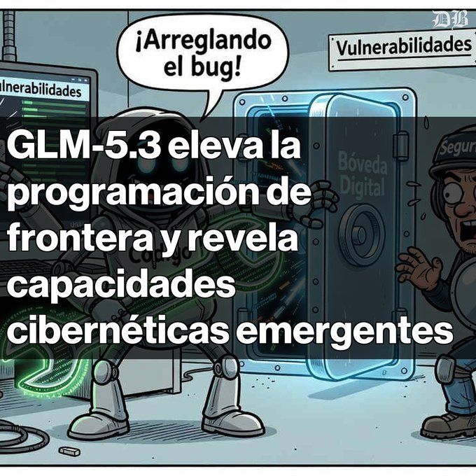 A cartoon-style illustration showing a hooded figure next to a digital vault labeled "Bóveda Digital" saying "¡Arreglando el bug!" (Fixing the bug!), overlaid with Spanish text about "GLM-5.3" elevating frontier programming and revealing emerging cyber capabilities.