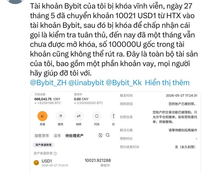 A Vietnamese user reports their Bybit account was permanently locked after transferring 10021 USD1 from HTX on May 27, with the screenshot showing a "永久封锁" (permanently locked) restriction due to "资产来源异常" (abnormal fund sources) and the 10,021.92 USD1 deposit still under review. The accompanying post explains the user has been locked for over a month, contrasting their case with another who successfully got unlocked.