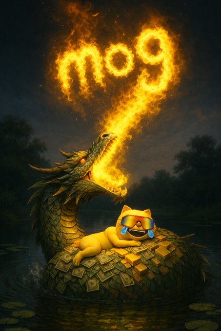 A dragon breathes fiery "$MOG" into the night sky while a tearful cat wearing sunglasses lounges on a pile of dollar bills atop the dragon's back in a swamp, vividly illustrating the post's claim that "$MOG IS DRAGON ENERGY."