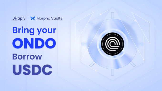 An advertisement for api3 Morpho Vaults reading 'Bring your ONDO Borrow USDC' with a stylized logo.