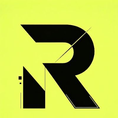 A minimalist black 'R' logo on a bright lime-green background with small geometric accent details.