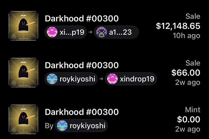 A marketplace interface showing recent transactions for a 'Darkhood #00300' NFT, with sales of $12,148.65 and $66.00 by user 'roykiyoshi'.