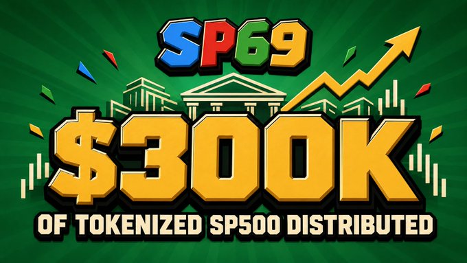 A bold graphic with a green background announces "$300K OF TOKENIZED SP500 DISTRIBUTED" alongside the "SP69" ticker logo, featuring an upward-trending arrow and bar chart imagery that visually reinforces the post's milestone of growing tokenized SP500 value from zero to $300,000 for SP69 holders.