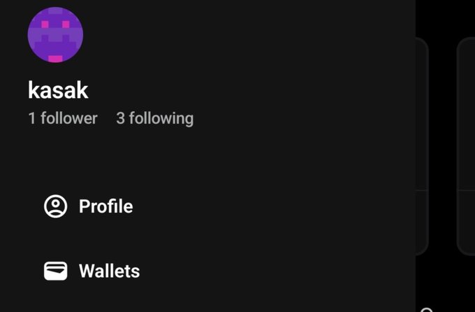A user profile screen showing the username 'kasak' with 1 follower and 3 following, featuring menu options for 'Profile' and 'Wallets' on a dark background.
