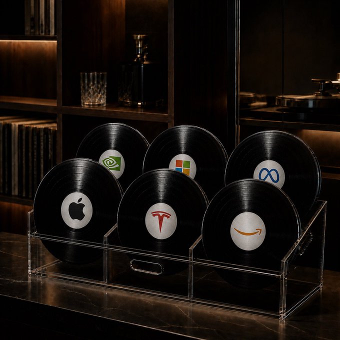 Six vinyl records displayed on a clear acrylic stand, each labeled with tech company logos including Apple, NVIDIA, Tesla, Amazon, Microsoft, and Meta.