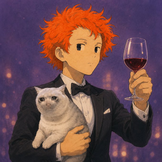 An anime-style illustration depicts a young man with messy orange hair in a tuxedo, holding a glass of red wine in one hand and cradling a white cat in the other, against a purple background.
