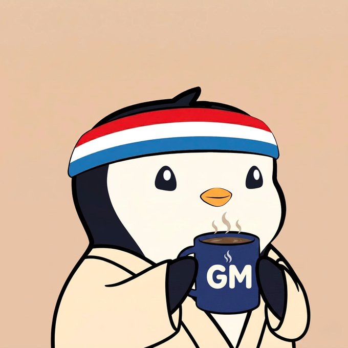 A cartoon penguin wearing a red, white, and blue striped headband and a cream hoodie holds a navy blue mug labeled 'GM' with steam rising from it.