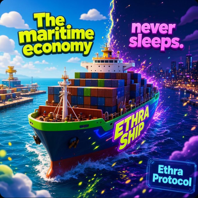 A promotional graphic for 'Ethra Protocol' featuring a large container ship with text reading 'The maritime economy never sleeps' and 'ETHRA SHIP' displayed over a split day/night cityscape.