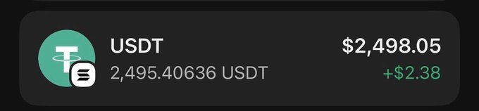 The image shows a cryptocurrency balance display for USDT (Tether), showing 2,495.40636 USDT valued at $2,498.05 with a daily gain of +$2.38.

Note: The accompanying text promoting a "$20 giveaway" with wallet address requests appears to be a common cryptocurrency scam designed to steal funds, and the USDT balance image is unrelated to any legitimate giveaway—please do not share wallet addresses or engage with such posts.