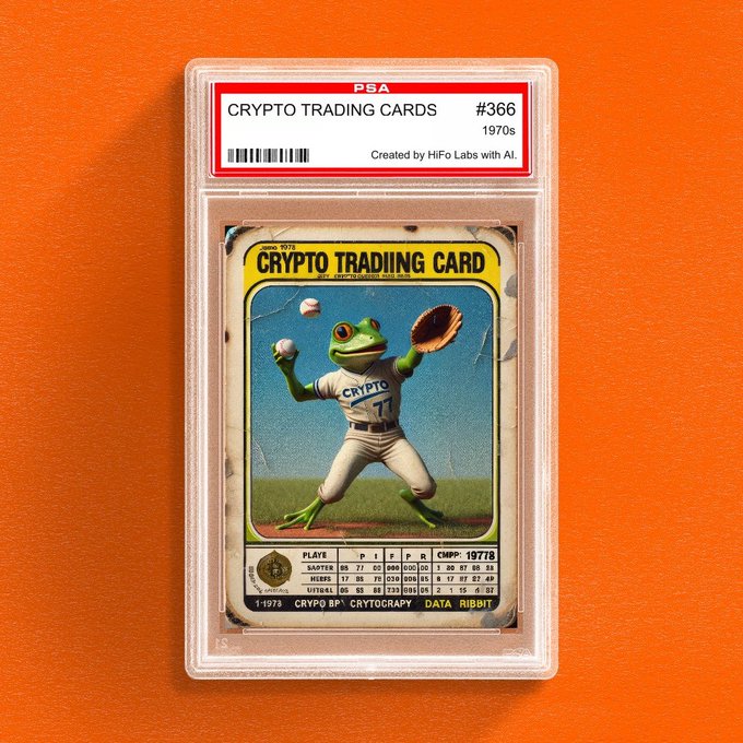 A graded 'Crypto Trading Card #366' from the 1970s, PSA-certified, featuring a frog baseball player in a 'CRYPTO 71' jersey, created by HiFo Labs with AI, displayed against an orange background.