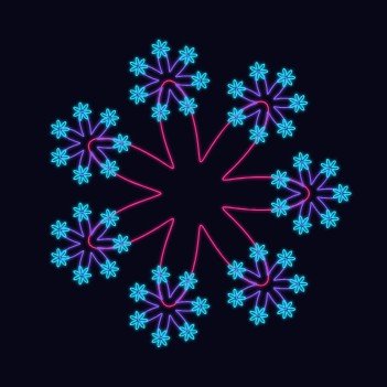A decorative snowflake design with blue and purple snowflake patterns arranged in a circle connected by pink lines on a black background.