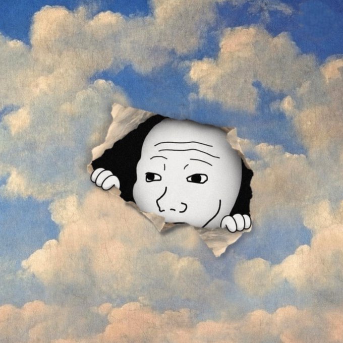 A surreal image of a classic wojak-style face peering through a hole torn in a Renaissance-style cloudscape painting.