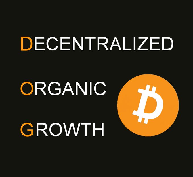 The image features the acronym "DOG" prominently displayed in orange and white text on a black background, spelling out "Decentralized Organic Growth." To the right of the acronym is the iconic orange Bitcoin logo, visually linking the DOG concept to cryptocurrency.