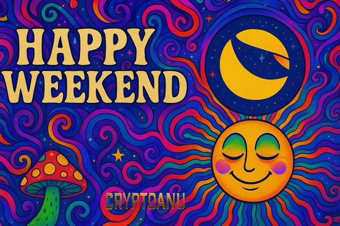 A psychedelic 'Happy Weekend' greeting card with vibrant swirling patterns, a sleeping sun face, a crescent moon, a mushroom, and stars, signed by 'CRYPTDANU'.