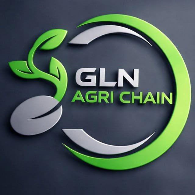The image displays a 3D-styled logo for "GLN AGRI CHAIN," featuring a green circular emblem with a stylized sprout/leaf design intertwined with a silver chain link, set against a dark gray background—visually reinforcing the post's announcement of GACP Coin's upcoming sustainable agriculture launch on September 16.