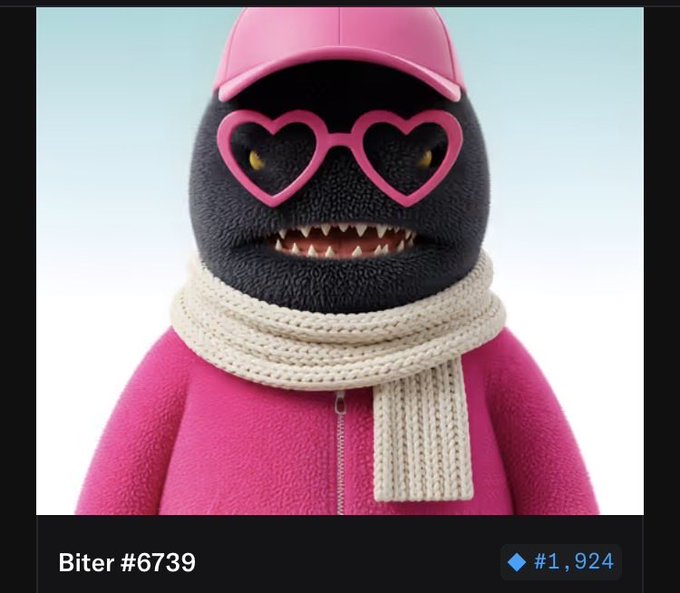 A 3D-rendered character named 'Biter #6739' wearing a pink cap, heart-shaped sunglasses, and a beige scarf, with a price tag showing '#1,924'.