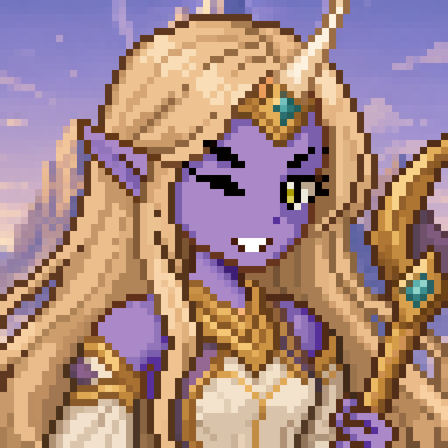 A pixel art illustration depicts a purple-skinned, golden-haired fantasy character with horns and ornate jewelry holding a staff, looking confidently toward the viewer. The image likely represents a character or mascot associated with the Quivers launchpad mint event referenced in the post.
