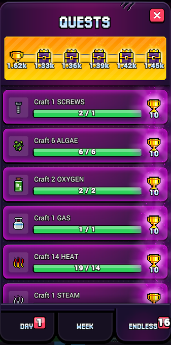 A pixel-art style video game 'QUESTS' menu screen displaying crafting tasks (screws, algae, oxygen, gas, heat, steam) with progress bars and trophy rewards, with tabs for Day 1, Week, and Endless 16 at the bottom.