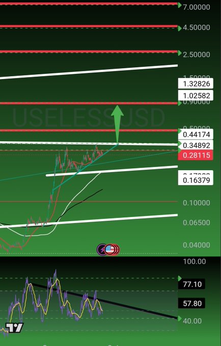 A trading chart screenshot displays 'USELESSUSD' with various price levels (7.00000, 4.50000, 2.50000, 0.28115 highlighted in red), candlestick patterns, and a green upward arrow.