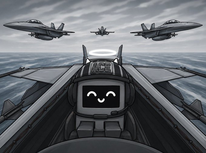 A cartoon illustration of a smiling robot character with a screen for a face, wearing a helmet labeled 'ACE' and a halo, sitting in the cockpit of a fighter jet with other jets flying overhead.