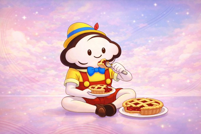A cheerful cartoon mascot resembling a pie/cupcake character with a cherry-topped hat sits cross-legged against a pastel pink and purple sky, happily eating a slice of cherry pie while holding a whole lattice-topped pie on a plate beside him. The image ties to the "$TART" launch announcement by playfully depicting a "sweet" debut and inviting investors to "have a slice" of the project as the presale wraps up and broader trading begins.