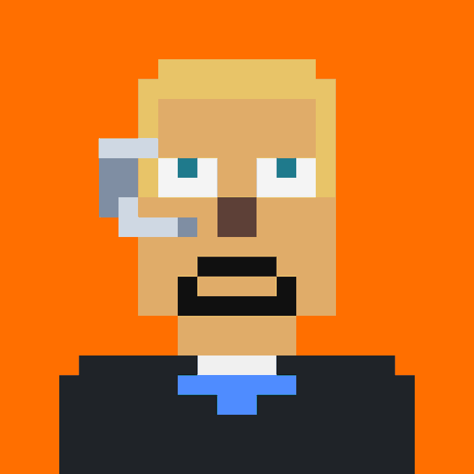 A pixel art illustration depicts a blonde man with a mustache wearing a black shirt against an orange background.
