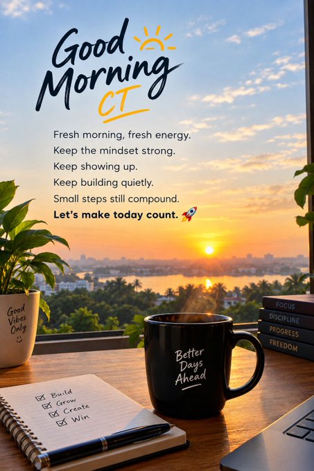 A 'Good Morning CT' motivational graphic shows a sunrise over water with text: 'Fresh morning, fresh energy. Keep the mindset strong. Keep showing up. Keep building quietly. Small steps still compound. Let's make today count.'