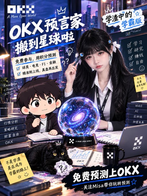 An OKX promotional poster featuring a young woman with a pen and a chibi-style boy beside a glowing galaxy sphere, with Chinese text including 'OKX 预言家 搬到星球啦' and '免费预测上OKX' promoting free predictions and study content.