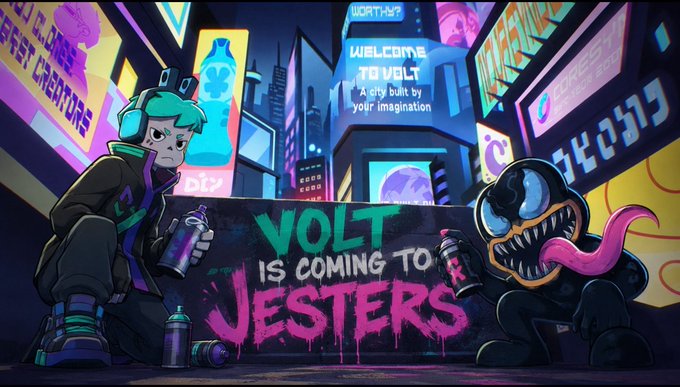 A vibrant cyberpunk cityscape advertises "VOLT IS COMING TO JESTERS" in bold graffiti-style text, featuring a green-haired character in a VR headset holding spray paint alongside a mischievous grinning creature, with additional signage reading "WORTHY?," "WELCOME TO VOLT - A city built by your imagination," and "STREET CREATORS." The image visually reinforces the announcement of Volt's expansion into the Jesters NFT community by blending graffiti art aesthetics with futuristic neon elements.