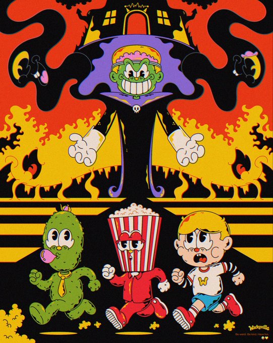 Vibrant retro-style illustration of a green-faced villain with a castle on its head, surrounded by flames, with a cactus, popcorn bucket character, and a boy running below.