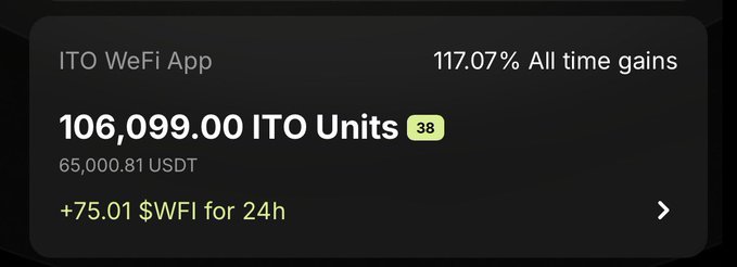 A crypto wallet screen showing 'ITO WeFi App' with '106,099.00 ITO Units', '65,000.81 USDT', and '+75.01 $WFI for 24h', noting 117.07% all time gains.