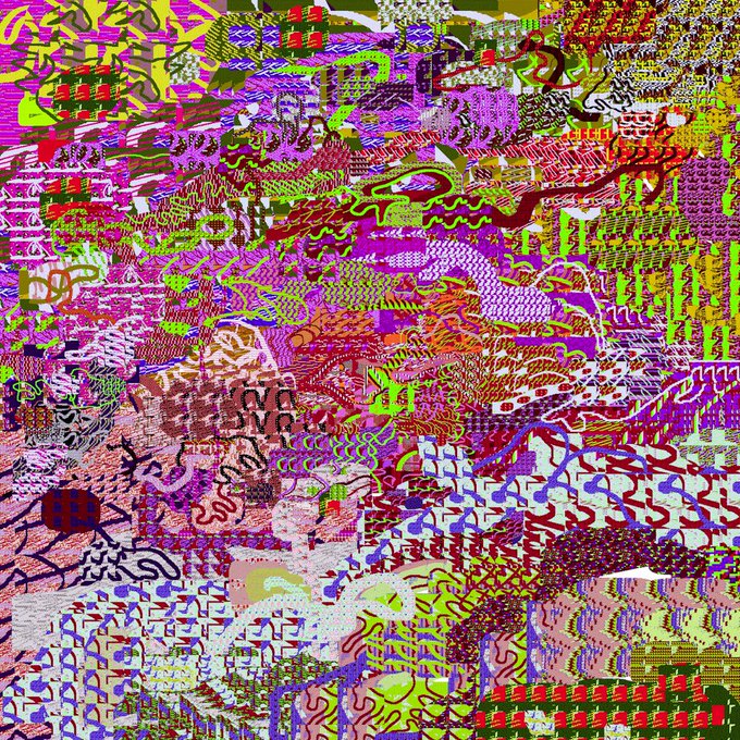 An abstract, chaotic digital artwork featuring overlapping bright pink, green, and yellow patterns, textures, and illegible text.