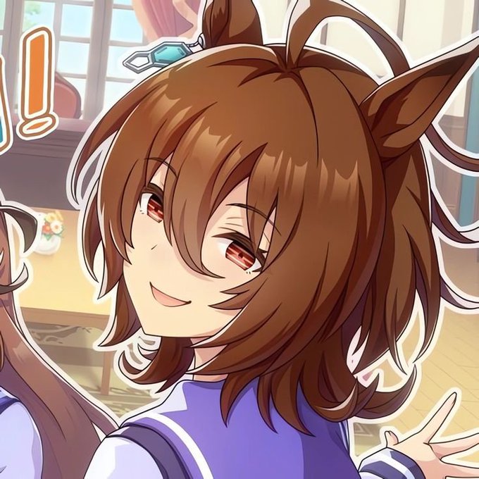 An anime-style character with brown hair, horse-like ears, and red eyes smiles warmly, accompanied by an exclamation mark graphic in the upper left. The post references a temporary profile picture swap, matching the lighthearted, casual tone of this cute mascot-like illustration.