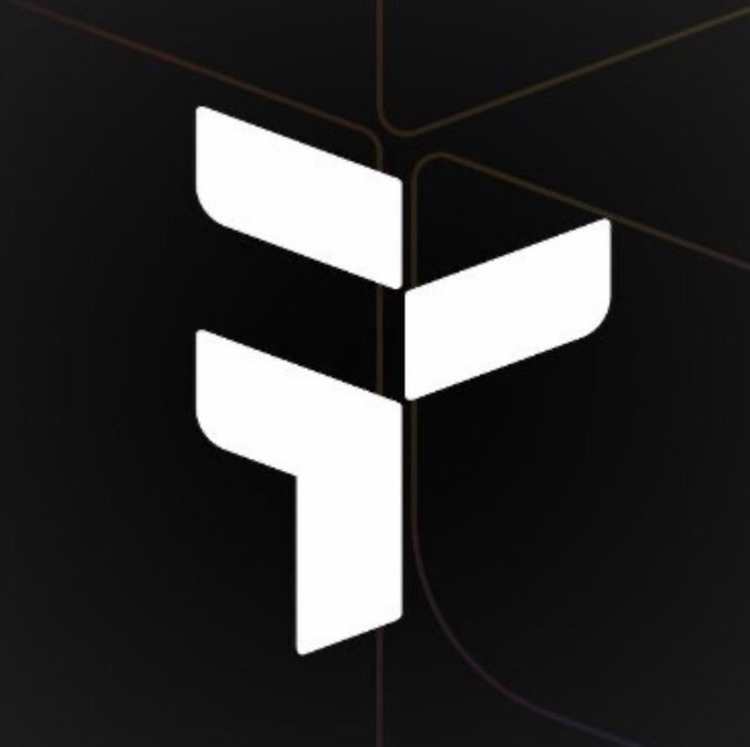 A minimalist black graphic featuring a white geometric logo composed of angular shapes on a dark background with thin colored lines.
