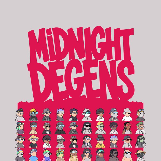 A graphic design shows "MIDNIGHT DEGENS" in large, distorted pink letters above a grid of 35 distinct, colorful cartoon character avatars.