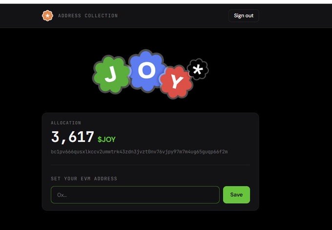 The image shows the JOY address collection page displaying an allocation of 3,617 $JOY tokens with a corresponding wallet address, along with a field to set an EVM address. This relates to the post by confirming the airdrop allocation for eligible users who minted or held Ordinals, prompting them to connect their wallet and submit their EVM address to claim their $JOY tokens.