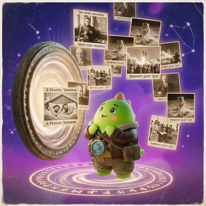 A green cartoon character in a brown coat with a rune medallion standing before a glowing portal, surrounded by historical photographs captioned 'The Atom Unlocked,' 'Marie Curi Unlocked,' 'Mankind's Giant Leap,' and 'A Peaceful Tomorrow.'