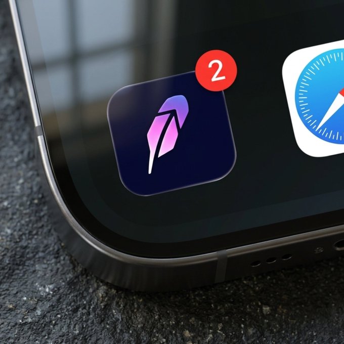 The image shows a close-up of a smartphone displaying an app icon with a feather/quill design and a red notification badge showing the number "2", next to a Safari browser icon, symbolizing the Robinhood Wallet app's new memecoin tracking features available through Robinhood Chain.