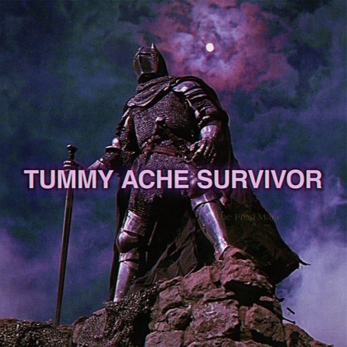 A knight in armor stands heroically on a rocky peak against a purple cloudy sky with a moon, overlaid with the pink text 'TUMMY ACHE SURVIVOR'.