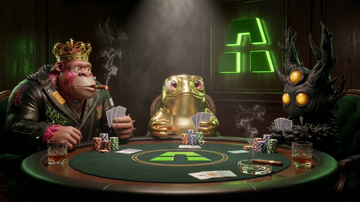 The image features three cartoon characters sitting around a poker table, each holding cards and playing a card game. The first character is wearing a crown and smoking a pipe, while the other two are also holding cards and participating in the game. The background of the image shows a dark room with a neon sign that reads "A".