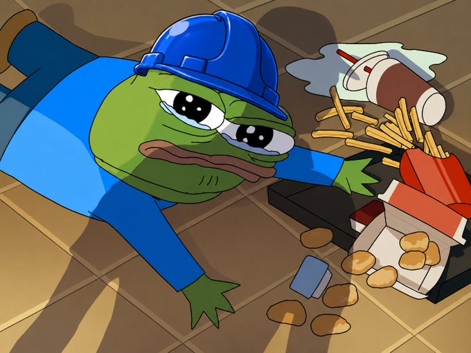 A cartoon image of a sad Pepe the Frog in a blue hard hat and shirt, lying on the floor next to a spilled fast food meal of fries, nuggets, and a drink.