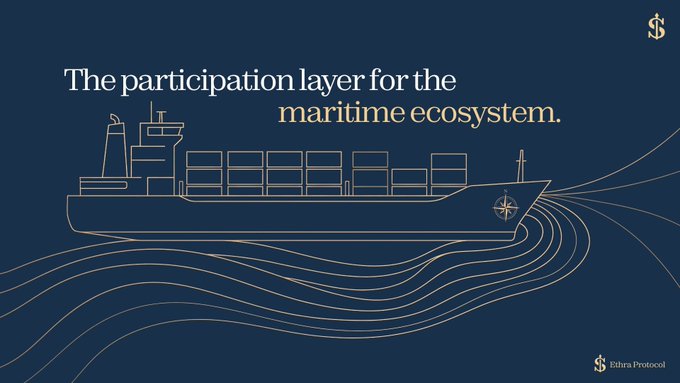 A minimalist graphic for Sifra Protocol featuring a line drawing of a cargo ship with the text 'The participation layer for the maritime ecosystem.'